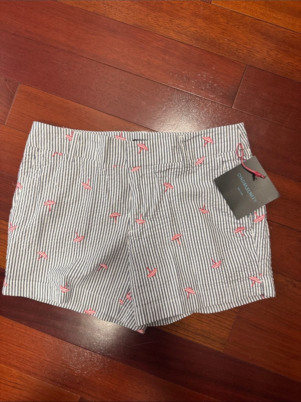 Cynthia Rowley Blue/White Striped High-Waist Shorts with Coral Embroidery